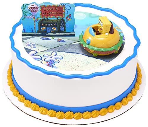 DecoSet® SpongeBob Square Pants Krabby Patty Cake Topper, 2-Piece Birthday Party Set with Rolling Car Figure for Fun After the Party, 3'H x 4.25'W