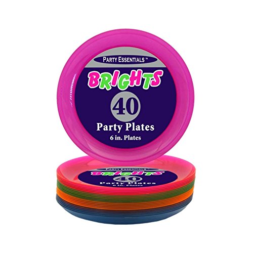 Party Essentials Hard Plastic 6-Inch Round Party/Dessert Plates, Assorted Neon, 40-Count