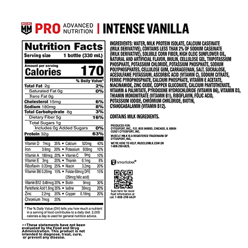 Muscle Milk Pro Advanced Nutrition Protein Shake, Intense Vanilla, 11.16 Fl Oz Bottle, 12 Pack, 32g Protein, 1g Sugar, 16 Vitamins and Minerals, 5g Fiber, Workout Recovery, Energizing Snack, Packaging May Vary