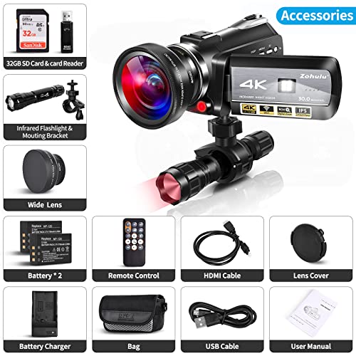 4K Video Camera Camcorders 30MP Ultra HD Infrared Night Vision Wifi Vlogging Camera for YouTube 30X Digital Zoom Touch Screen Camera Recorder with Wide-Angle Lens,32GB SD card、Infrared Flashlight