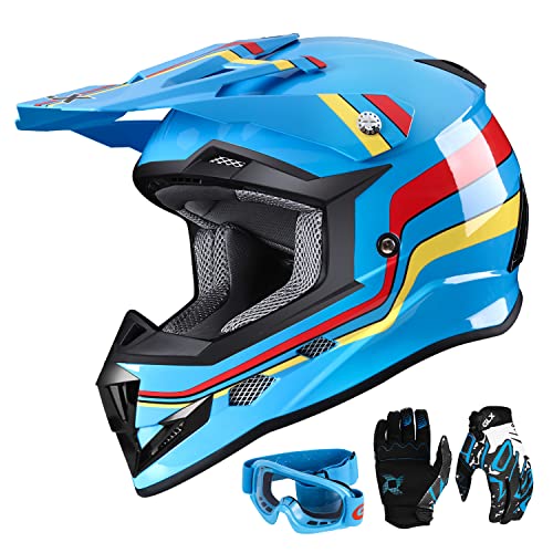 GLX GX623 DOT Kids Youth ATV Off-Road Dirt Bike Motocross Motorcycle Full Face Helmet Combo Gloves Goggles for Boys and Girls (Retro Blue, Large)