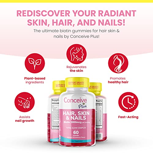 CONCEIVE PLUS Hair Skin and Nails Gummies - Extra-Strength Biotin, VIT A, C, D3, E Vitamins - Vegan, Hair Growth Supplement - Gelatin-Free - 60 Count