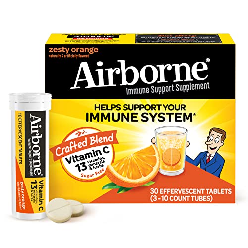 Airborne 1000mg Vitamin C with Zinc, SUGAR FREE Effervescent Tablets, Immune Support Supplement with Powerful Antioxidants Vitamins A C and E - 30 Fizzy Drink Tablets, Zesty Orange Flavor