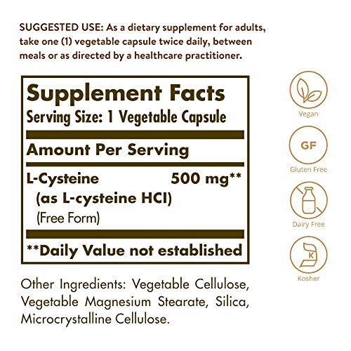 Solgar L-Cysteine 500 mg, 90 Vegetable Capsules - Free Form Amino Acid - Keratin Support for Skin, Hair and Nails - Glutathione Support - Vegan, Gluten Free, Dairy Free, Kosher - 90 Servings