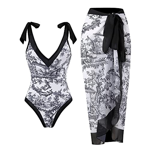 Women Swimsuits Abstract Printing Notched Square/V Neck Floral Vacation One Piece with Cover Up