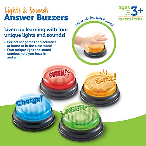 Learning Resources Lights and Sounds Buzzers, Game Show and Classroom Buzzers, Family Game Night, Game Show Buzzers, Classroom Accessories, Set of 4, Ages 3+