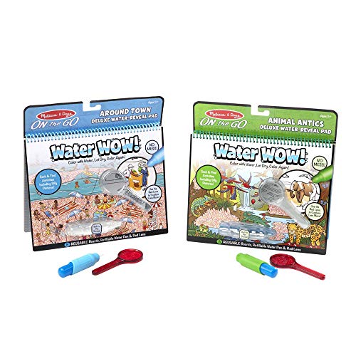 Melissa and Doug Water Wow Reusable Color-with-Water Deluxe Travel Activity Pad 2 Pack – Around Town, Animal Antics - Water Wow Water Painting For Toddlers Ages 3+ Travel Toys Activity Pad