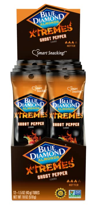 Blue Diamond Almonds XTREMES Ghost Pepper Flavored Spicy Snack Nuts, 1.5 oz Tube (Pack of 12)