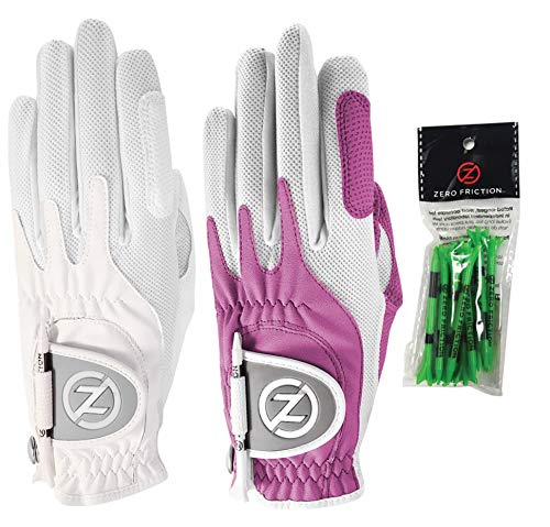 Zero Friction Ladies Compression-Fit Synthetic Golf Glove (2 Pack with Free Pack of tees), Universal Fit One Size, White/Lavender