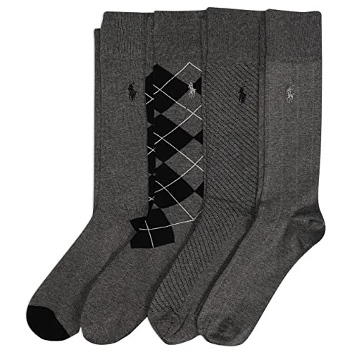 POLO RALPH LAUREN Men's Assorted Pattern Dress Crew Socks 4 Pair Pack - Soft and Lightweight Cotton Comfort, Gray, 6-12.5