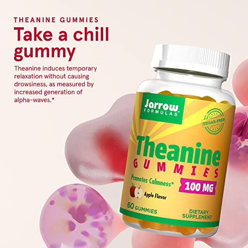 Jarrow Formulas Theanine Gummies 100 mg - 60 Apple Gummies - Neurologically Active Amino Acid - Found in Green Tea - Promotes Relaxation and Calmness - Sugar Free - 60 Servings (PACKAGING MAY VARY)