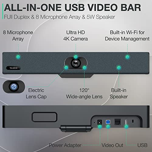Yealink UVC34 4K Video and Audio Conference Room Camera System Video Bar with Auto Framing AI Face Enhancement for Office Business 120°Wide Angle, 8 mic Array with Teams Zoom Meeting Rooms Certified