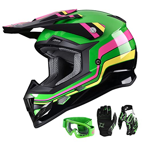 GLX GX623 DOT Kids Youth ATV Off-Road Dirt Bike Motocross Motorcycle Full Face Helmet Combo Gloves Goggles for Boys and Girls (Retro Green, X-Large)