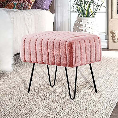 Home Soft Things Super Mink Faux Fur Pink Ottoman Bench, 19' x 13' x 17', Rose Smoke, Living Room Foot Rest Stool Entryway Makeup Bench End of Bed Bedroom Home Decor Chair for Sitting