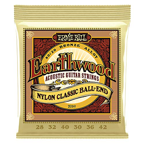 Ernie Ball Folk Nylon Clear and Gold Ball-End 80/20 Bronze Acoustic Guitar Strings, 28-42 Gauge (P02069)