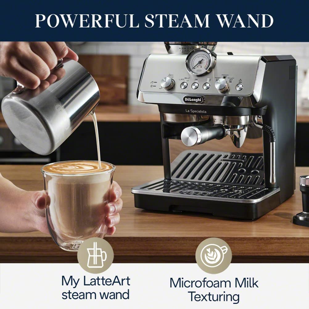 De’Longhi La Specialista Arte EC9155MB, Espresso Machine with Grinder, Bean to Cup Coffee and Cappuccino Maker with Professional Steamer, My Latte Art Milk Frother,Barista SS Kit Included, 1450W, Metal