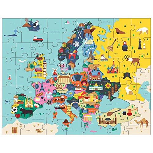 Mudpuppy Map of Europe Puzzle, 70 Pieces, 22”x17.25” – Perfect for Kids Age 5-9 - Learn Countries of Europe by Name, Shape, Location – Double-Sided Geography Puzzle with Pieces Shaped as Countries