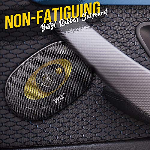 Pyle Car Three-Way Speaker System - Pro 4 x 6 Inch 180W 4 Ohm Mid Tweeter Component Audio Sound Speakers For Car Stereo w/ 30 Oz Magnet Structure, 2” Mount Depth Fits Standard OEM - PLG46.3 (Pair),Black/Yellow
