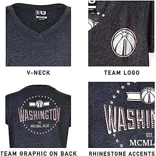Ultra Game NBA Washington Wizards Womens V-Neck Rhinestone Short Sleeve Tee Shirt, Charcoal Heather, Large