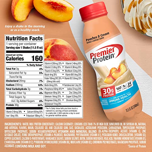 Premier Protein Shake 30g 1g Sugar 24 Vitamins Minerals Nutrients to Support Immune Health 11.5 12 Pack, Peaches and Cream, 138 Fl Oz