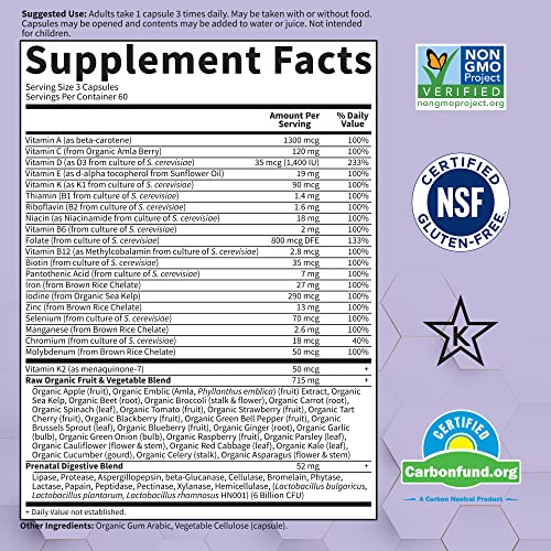 Garden of Life Prenatal Multivitamin for Women with Iron, Folate and Vitamin C and D3 for Neural Development and Probiotics for Immune Support – Vitamin Code – Non-GMO, Gluten-Free, Kosher, 60 Day Supply