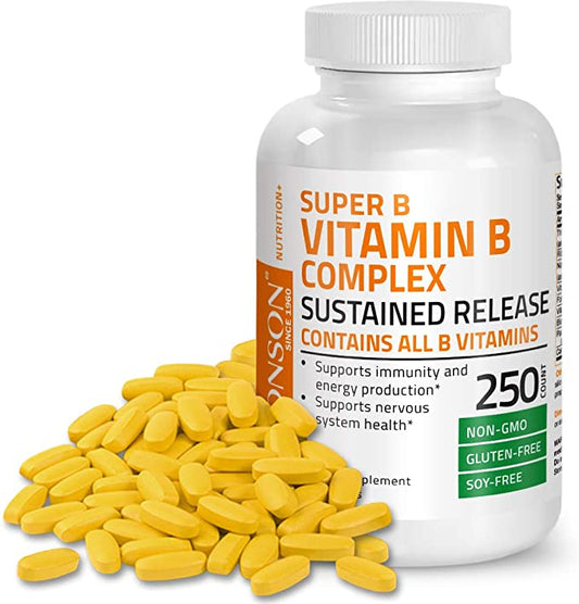 Bronson Super B Vitamin B Complex Sustained Slow Release (Vitamin B1, B2, B3, B6, B9 - Folic Acid, B12) Contains All B Vitamins 250 Tablets