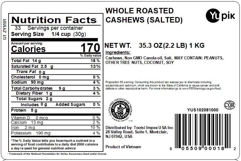 Yupik Nuts Roasted Salted Whole Cashews, 2.2 lb