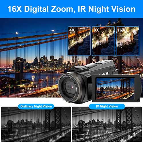 4K Video Camera Camcorder UHD 48MP WiFi IR Night Vision Vlogging Camera for YouTube Touch Screen 16X Digital Zoom Camera Recorder with Microphone, Handheld Stabilizer, Lens Hood, Remote,2 Batteries