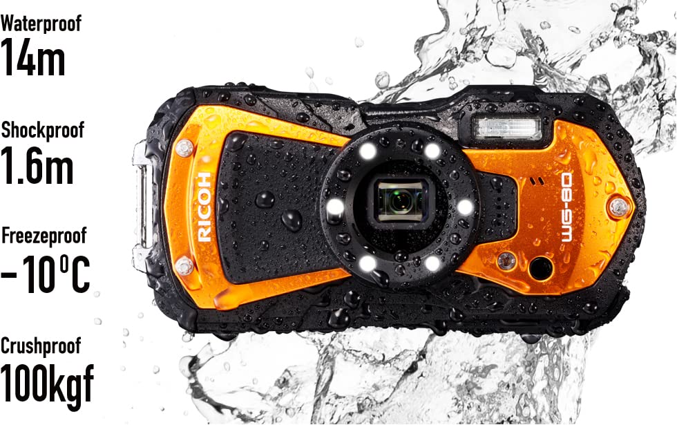 Ricoh WG-80 Orange Waterproof Digital Camera Shockproof Freezeproof Crushproof Microscope Mode