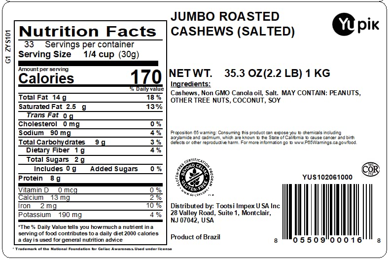 Yupik Nuts Deluxe Jumbo Salted Roasted Cashews, 2.2lb