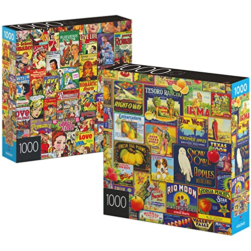 2-Pack of 1000-Piece Jigsaw Puzzles, Retro Comics and Fruit Labels Gifts for Mom Mothers Day Gifts for Adults and Kids Ages 8+, Amazon Exclusive