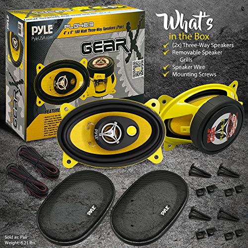 Pyle Car Three-Way Speaker System - Pro 4 x 6 Inch 180W 4 Ohm Mid Tweeter Component Audio Sound Speakers For Car Stereo w/ 30 Oz Magnet Structure, 2” Mount Depth Fits Standard OEM - PLG46.3 (Pair),Black/Yellow