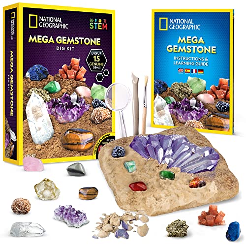 NATIONAL GEOGRAPHIC Mega Gemstone Dig Kit – Dig Up 15 Real Gemstones and Crystals, STEM Activities for Kids, Gem Mining Kit, Great Educational Science Gift for Girls and Boys (AMAZON EXCLUSIVE)