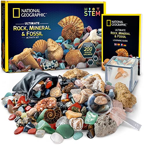 NATIONAL GEOGRAPHIC Rock Collection Box for Kids – 200+ Piece Gemstones and Crystals Set Includes Geodes and Real Fossils, Rocks and Minerals Science Kit for Kids, A Geology Gift for Boys and Girls