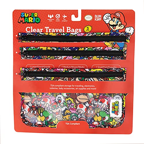 Bumkins Travel Bag, Nintendo Super Mario Toiletry, Baby, TSA Approved Pouch, Zip Bag, Quart Size Compliant, Clear-Sided, Diaper Bag Organization, Makeup, Accessories