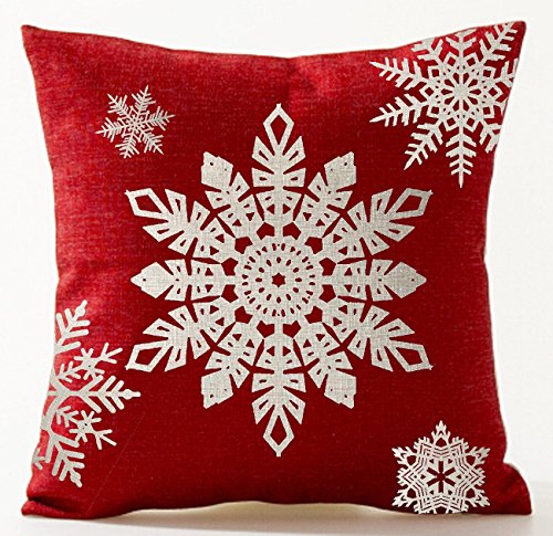 Set of 4 Happy Winter Beige Shadow Let It Snow Snowflakes in Red Merry Cotton Linen Throw Pillow Case Personalized Cushion Cover Decorative Square 18 Inches