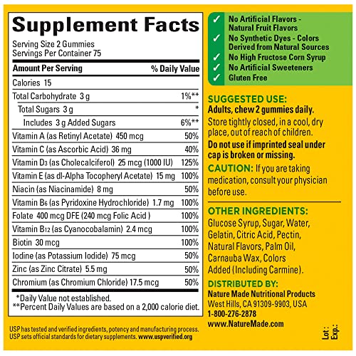 Nature Made Multivitamin Gummies, Dietary Supplement for Daily Nutritional Support, 150 Gummy Vitamins and Minerals, 75 Day Supply