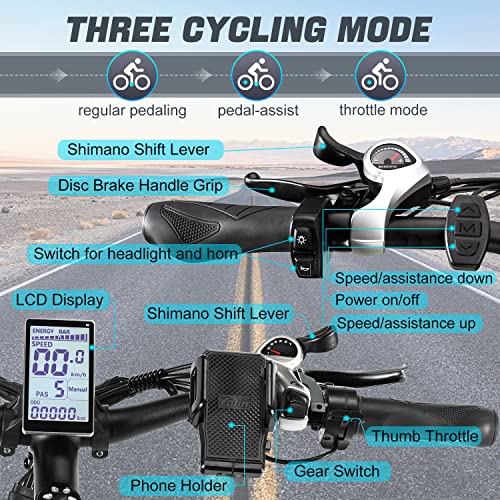 PHILODO Electric Mountain Bike for Adults, Fat Tire Ebike 26' 1000W 48V/17.5Ah Removable Battery 31MPH Electric Bicycles 21-Speed