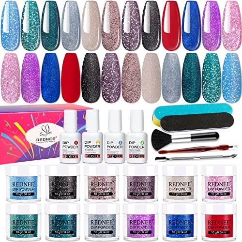 REDNEE 21 Pcs Fast Dry Dip Powder Nail Kit Starter - 12 Colors Mermaid Collection Purple Green Glitter Dipping Powder Nail Art Set for Salon Party No LED Nail Lamp Needed RE35
