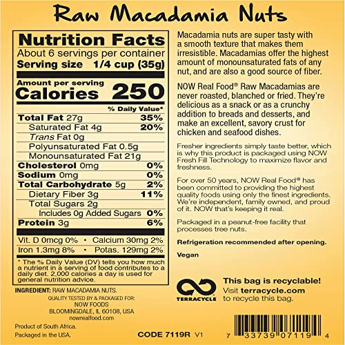 NOW Foods, Raw Macadamia Nuts, Unsalted, Good Source of Fiber, Non-GMO Project Verified, 8-Ounce (Packaging May Vary)