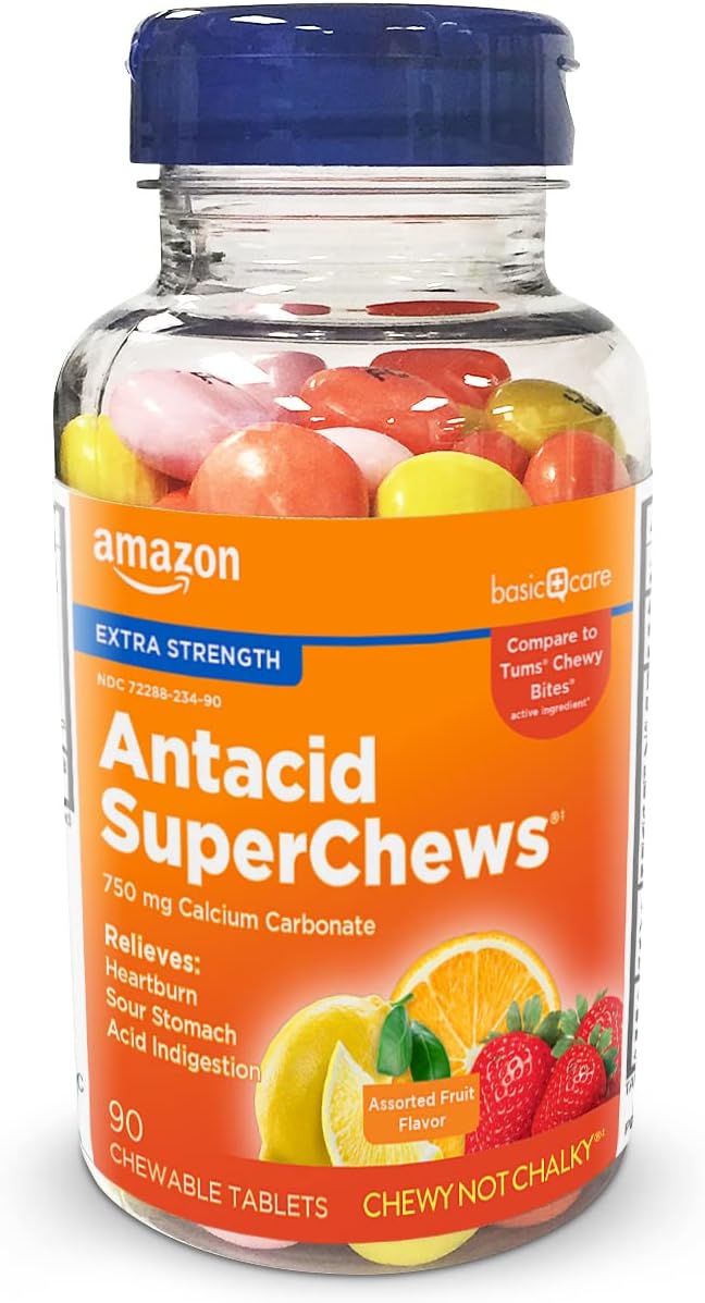 Amazon Basic Care Extra Strength Antacid SuperChews Assorted Fruit 90ct (Previously SoundHealth)