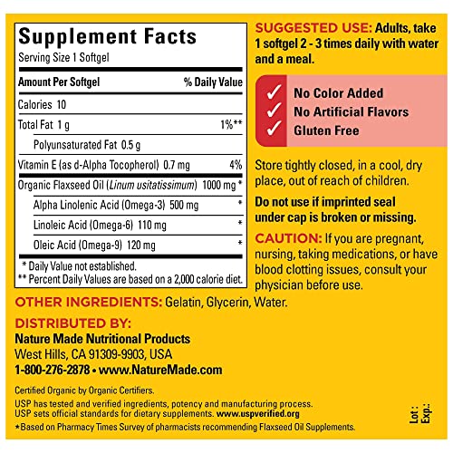 Nature Made Flaxseed Oil 1000 mg, Dietary Supplement for Heart Health Support, 100 Softgels