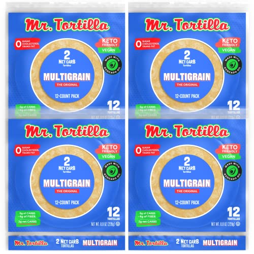 Mr. Tortilla 2 Net Carb Tortillas – Low Carb Keto Soft Taco Shells for Wraps, Quesadillas and Tostadas - Healthy Vegan Tortilla Wraps with No Cholesterol - Low on Calories and Fat (Multigrain, 48 Tortillas)