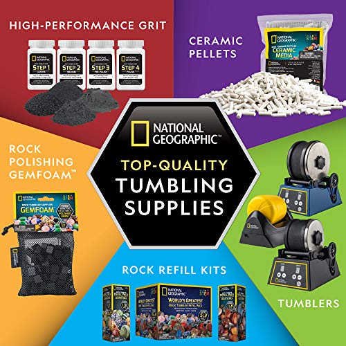 NATIONAL GEOGRAPHIC Rock Tumbler Refill Kit – Rock Tumbling Supplies including Rock Tumbler Grit and Polish Refill, Ceramic Media, GemFoam, 3 lbs Madagascar Rocks for Tumbling, Jewelry Accessories