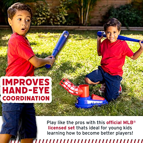 Franklin Sports Kids Baseball Pitching Machine - Pop A Pitch Baseball Batting Machine with Youth Bat + 3 Plastic Baseballs - Boys + Girls Baseball Toy,Red/Blue