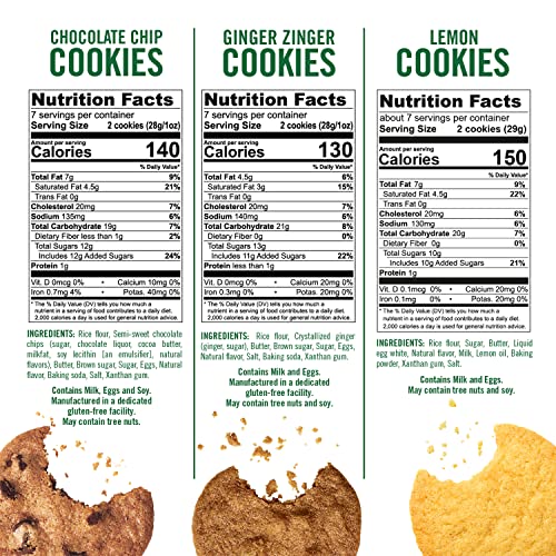 Tate's Bake Shop Gluten Free Cookies Variety Pack, Lemon, Ginger Zinger and Chocolate Chip Cookies, 3 - 7 oz Bags