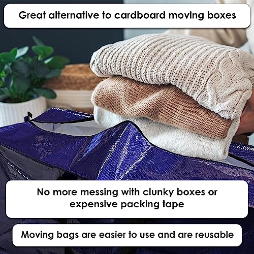 Innovative Haus Extra Large Heavy Duty Blue Moving Bag with Zipper and Strong Handles. Durable Backpack Straps On the Bottom. Space Saving Design Folds Flat for Easy Storage. Perfect for College Dorm Rooms. Great Alternative to Moving Box. 4 Pack