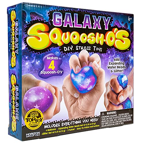 Galaxy Squoosh-O's DIY Fidget Toys by Horizon Group USA, Make 4 De-Stressing Toys, DIY Stress Balls For Kids, Includes Balloons, Funnel, Glitter, Expanding Water Beads and More