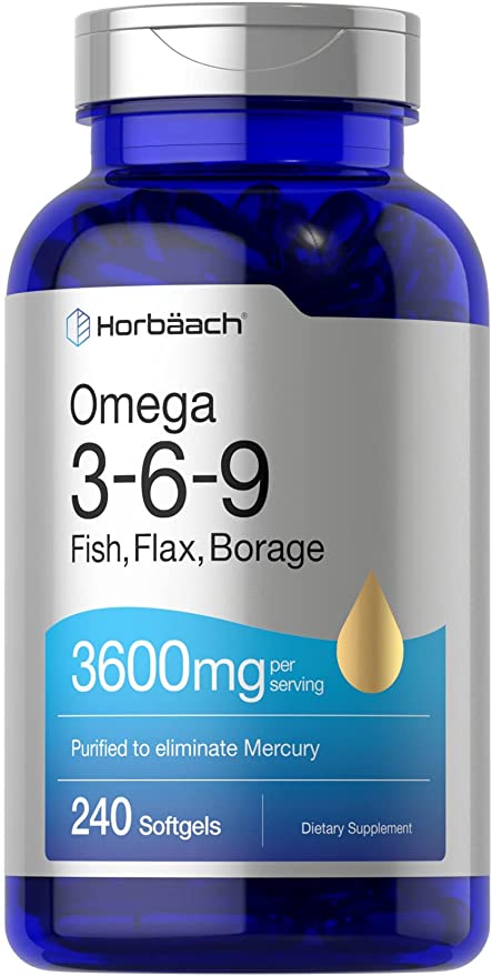 Triple Omega 3-6-9 240 Softgels | from Fish, Flaxseed, Borage Oils | Non-GMO and Gluten Free | by Horbaach