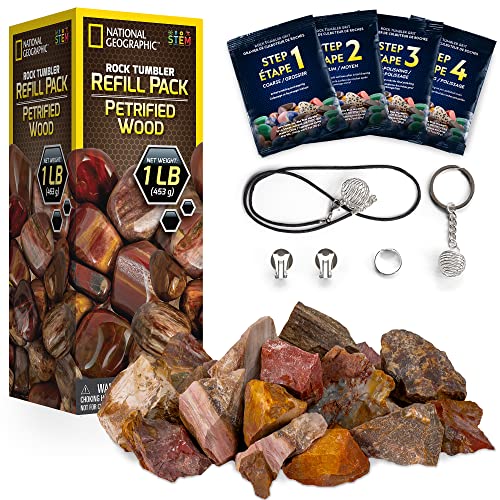 NATIONAL GEOGRAPHIC Rock Tumbler Refill Kit – 1 Lb. Mix of Genuine Petrified Wood Fossils for Rock Polishers - Rock Tumbler Supplies Include Rock Tumbler Grit and Rocks for Tumbling